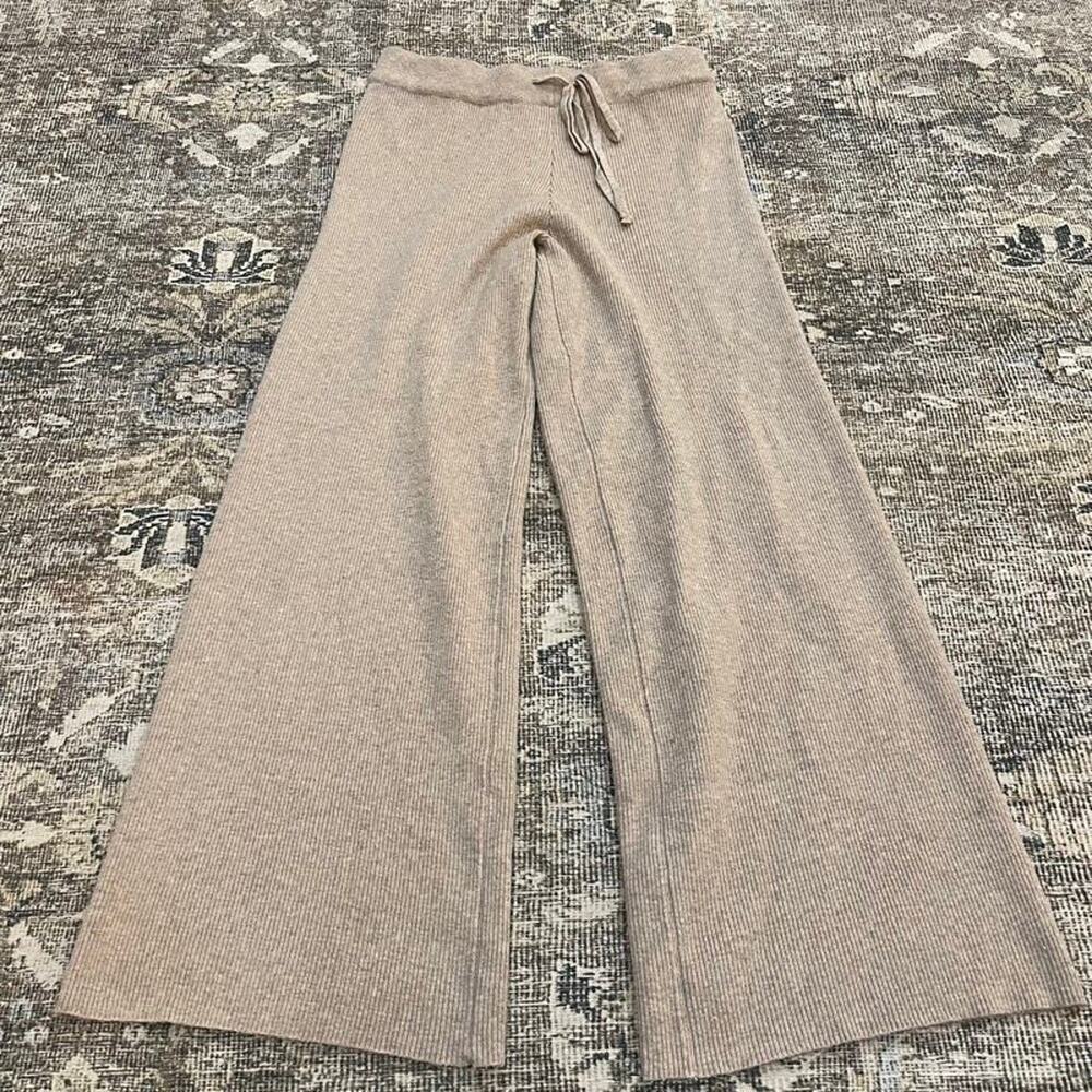 Bohme Ribbed Knit Wide Leg Pants Womens M Tan Beige Drawstring Sweater Lounge